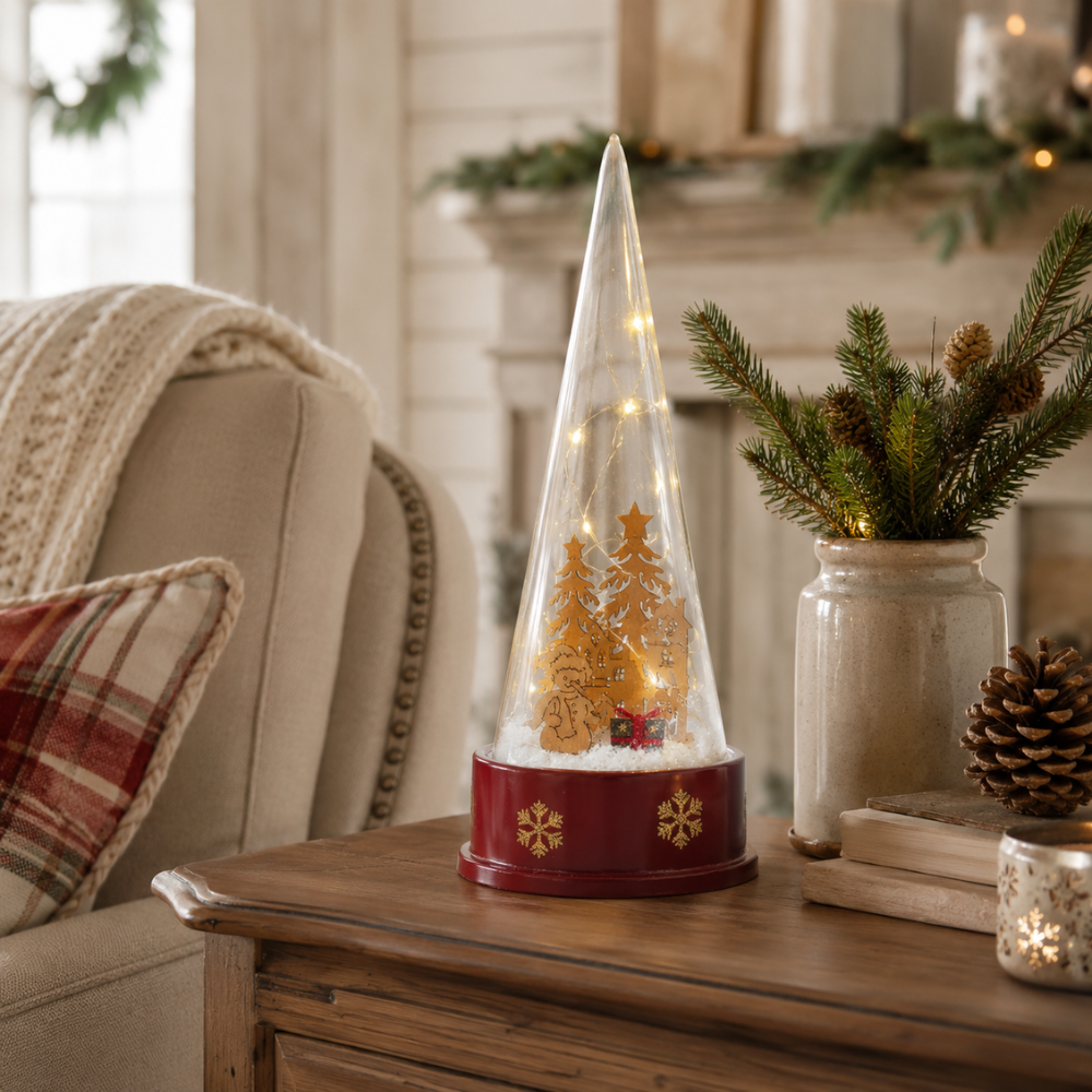 Adorno Navidad Rojo, diseño interior en madera, luminoso y musical de 26 cm