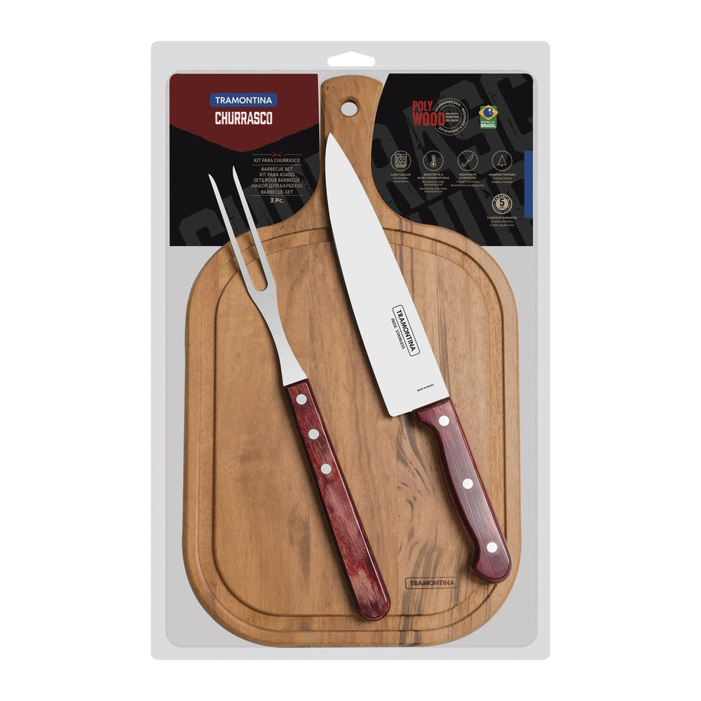 Kit para Asado Tramontina con Láminas de Acero Inoxidable y Mango Polywood Rojo con Tabla de Madera 3 piezas