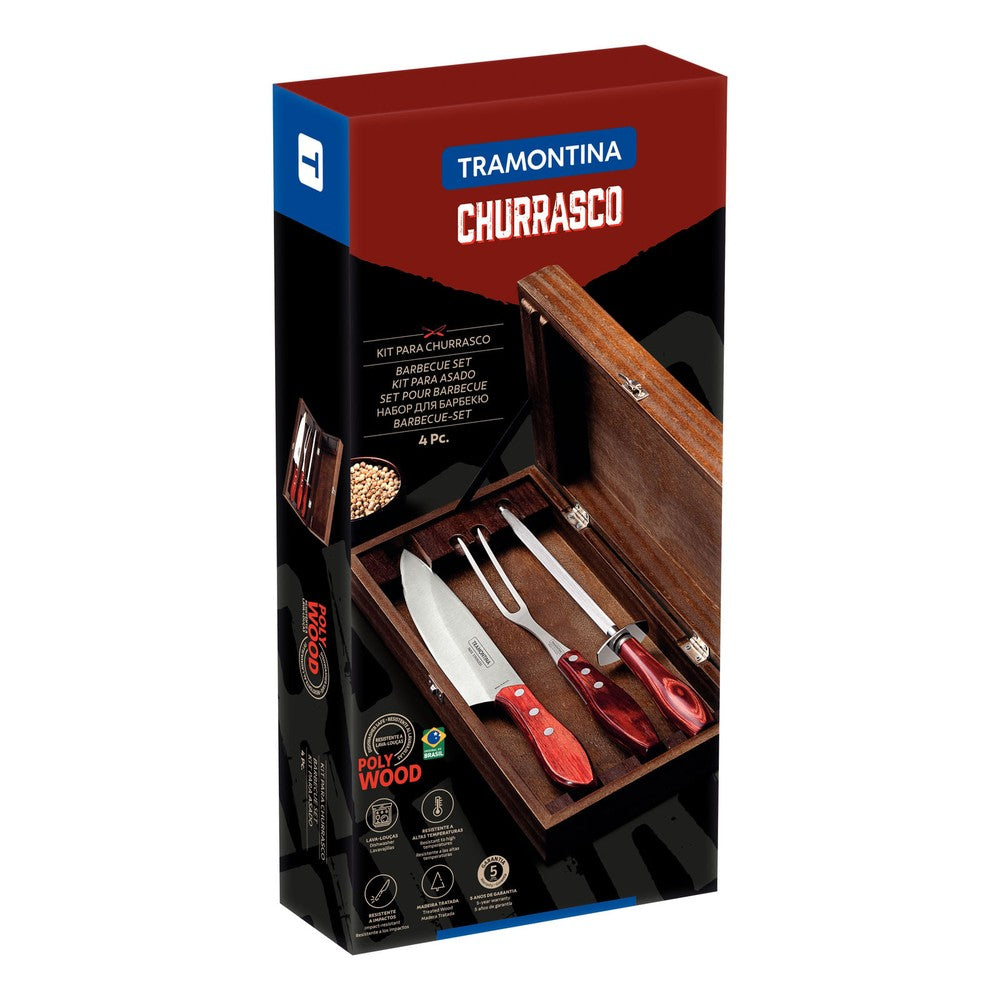 Kit para Asado Tramontina de Acero Inoxidable Mango Rojo Polywood con Estuche de Madera 4 Piezas