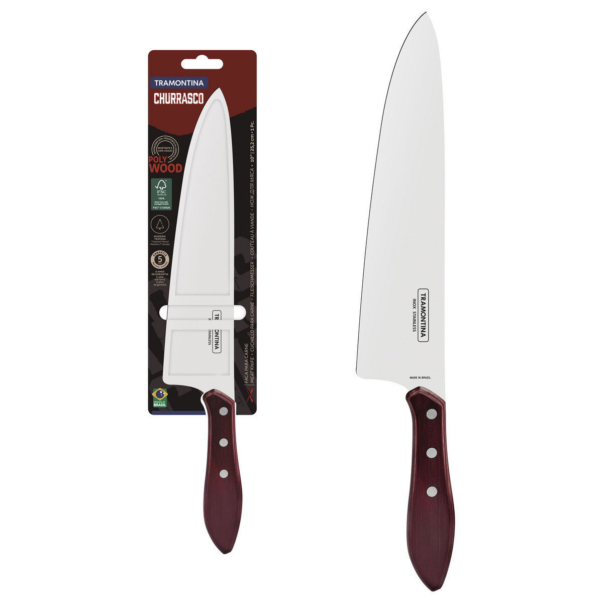 Kit para asado Tramontina con Cubiertos Jumbo de Acero Inoxidable y Mango Rojo Polywood con Tabla y Estuche de Madera, 17 piezas.