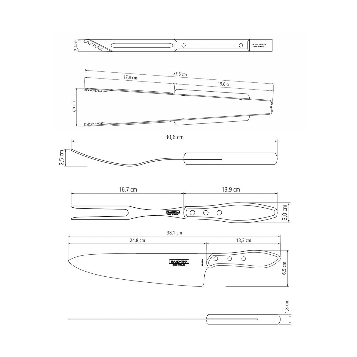 Kit para asado Tramontina con Cubiertos Jumbo de Acero Inoxidable y Mango Rojo Polywood con Tabla y Estuche de Madera, 17 piezas.