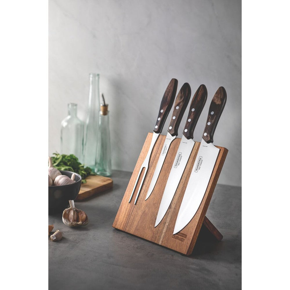 Juego para Asado Tramontina con Láminas de Acero Inoxidable y Mangos de Madera Polywood Castaño 5 Piezas