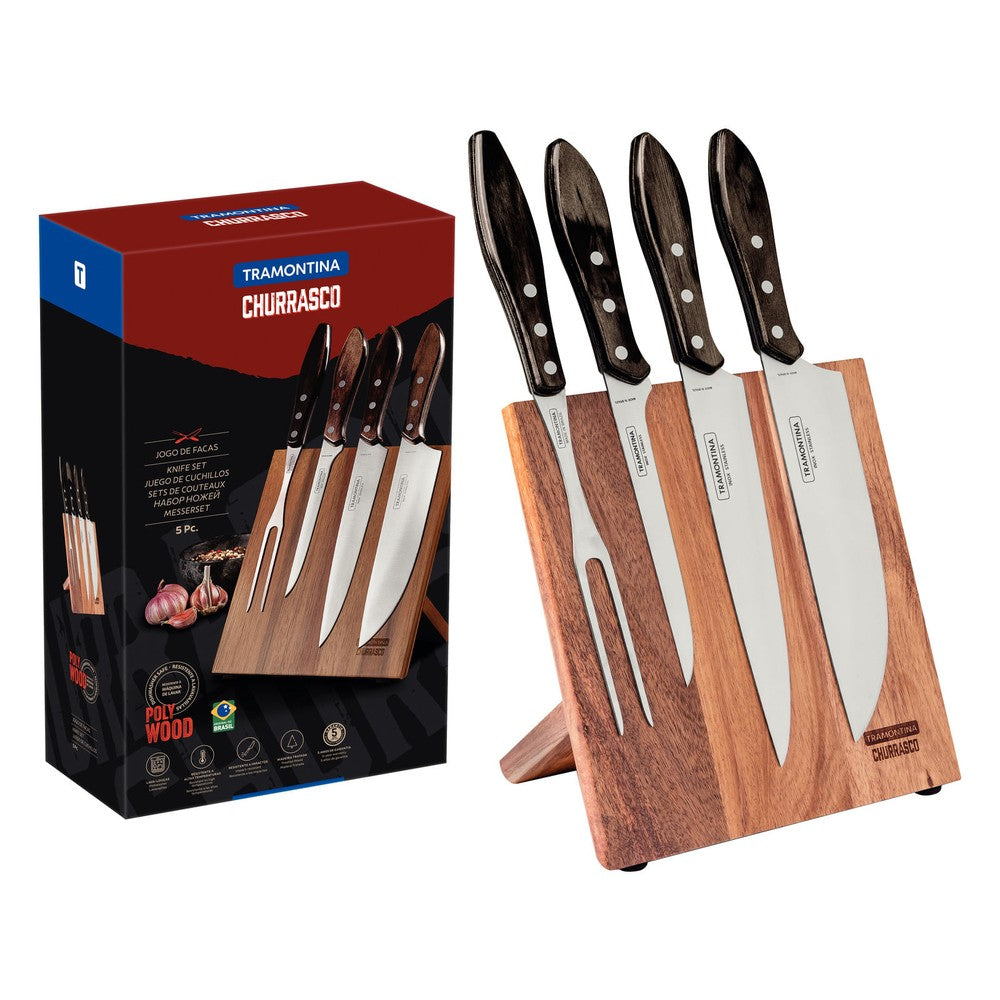 Juego para Asado Tramontina con Láminas de Acero Inoxidable y Mangos de Madera Polywood Castaño 5 Piezas