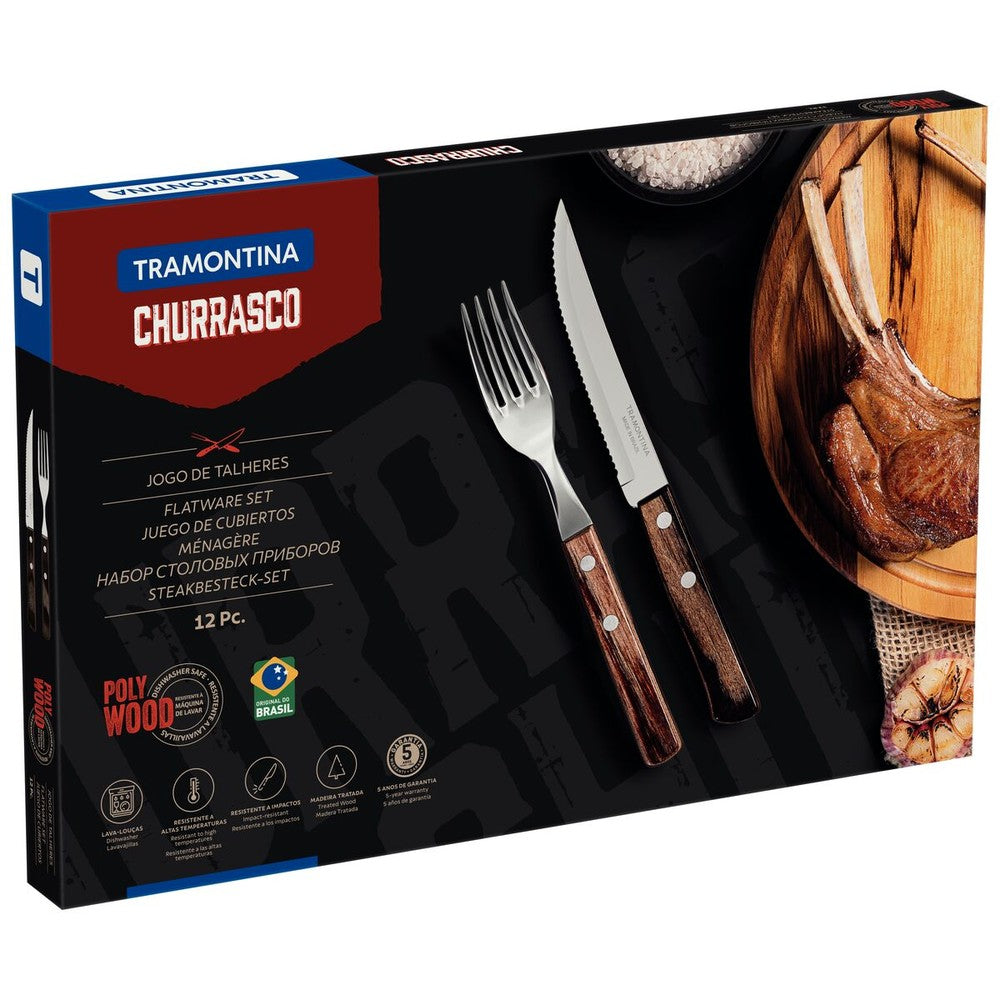 Juego de Cubiertos para Asado Tramontina de Acero Inoxidable con Mango Castaño Polywood, 12 piezas.