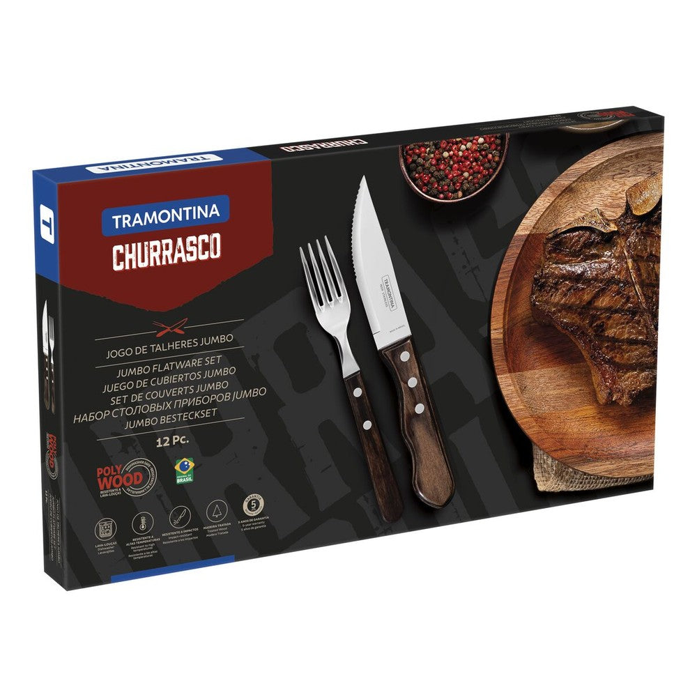 Juego de Cubiertos para Asado Jumbo Tramontina de Acero Inoxidable con Mango Castaño Polywood, 12 piezas.