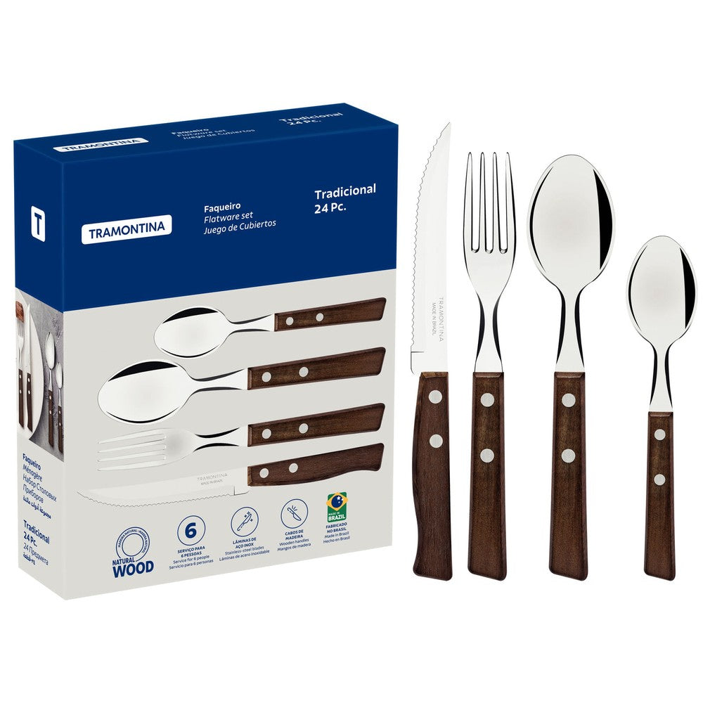 Juego de Cubiertos Tramontina Tradicional con Láminas en Acero Inoxidable y Mangos de Madera Natural 24 Piezas