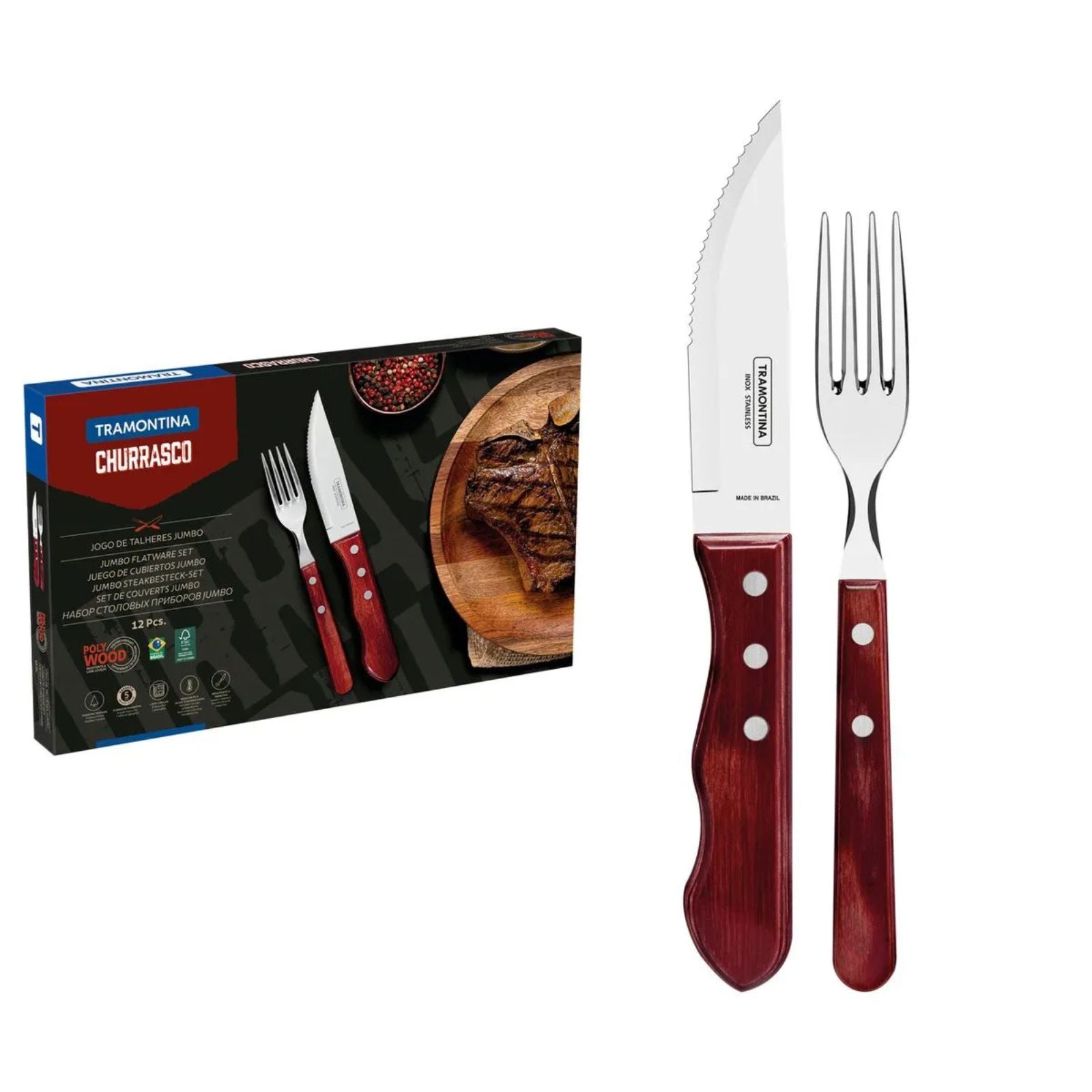 Juego de Cubiertos para Asado Jumbo Tramontina de Acero Inoxidable con Mango Rojo Polywood, 12 piezas.