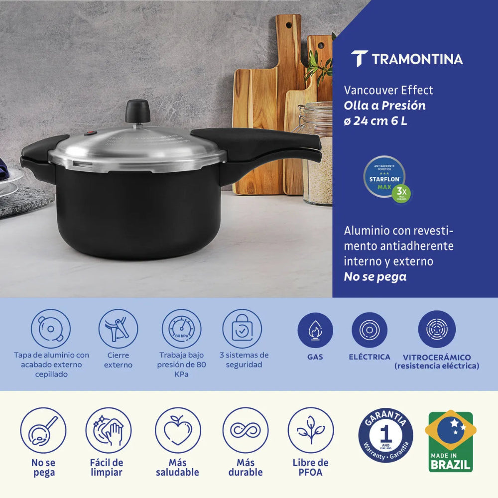 Olla de Presión con Antiadherente 24 cm 6L Grafito Tramontina Vancouver