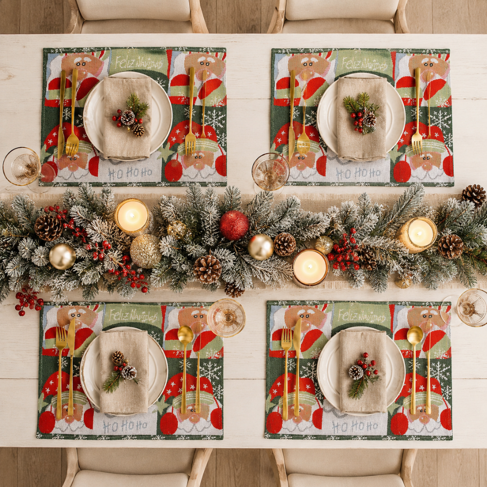 Set de 4 Individuales Navideños Viejo pascuero tonos verde y rojo