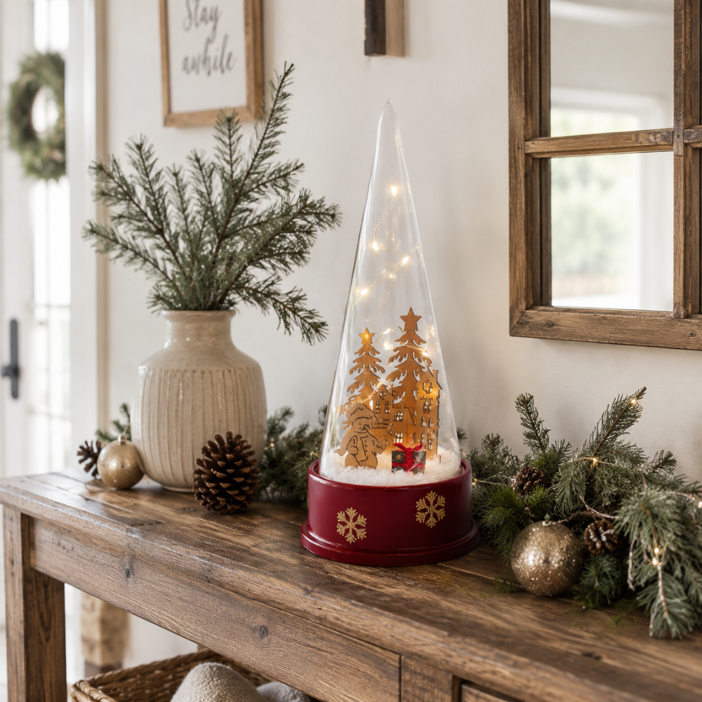 Adorno Navidad Rojo, diseño interior en madera, luminoso y musical de 26 cm