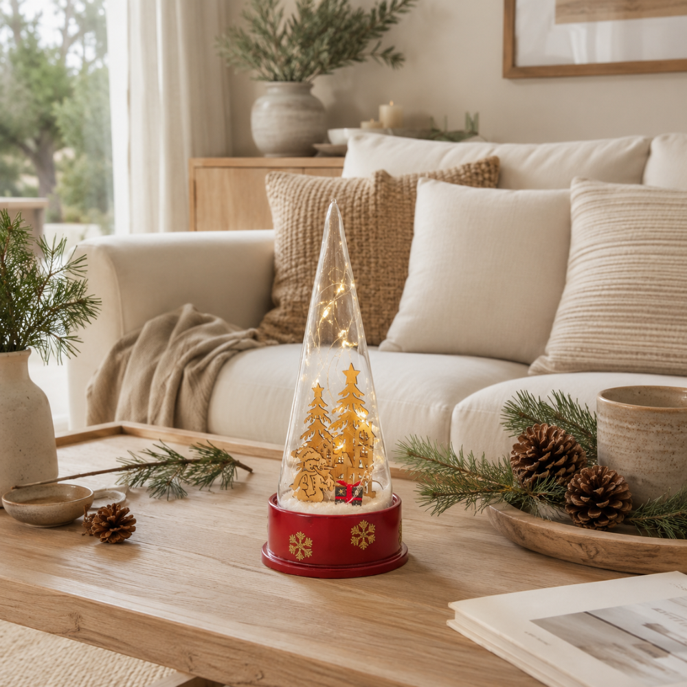 Adorno Navidad Rojo, diseño interior en madera, luminoso y musical de 26 cm