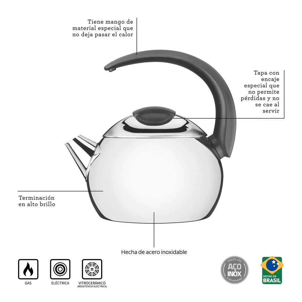 Tetera de acero inoxidable con mango negro 14,5 cm y 2,25 l Tramontina