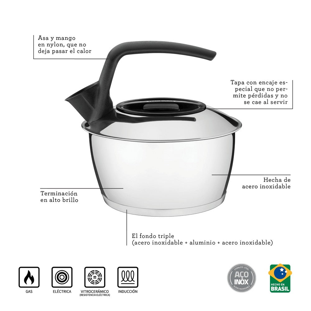 Tetera Tramontina de acero inoxidable con fondo triple mango negro 1,5 L