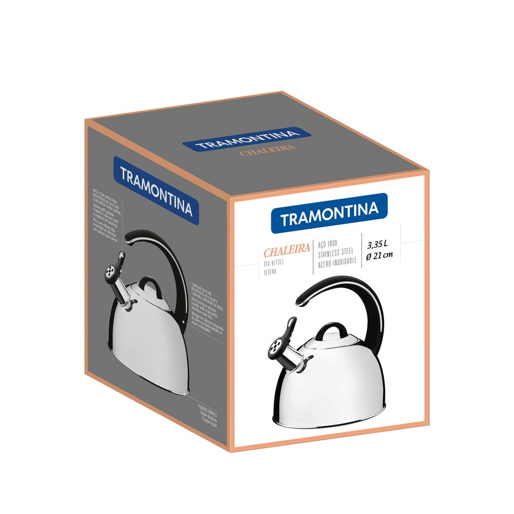 Tetera Tramontina de acero inoxidable con silbato , fondo triple y mango negro 3,3 L