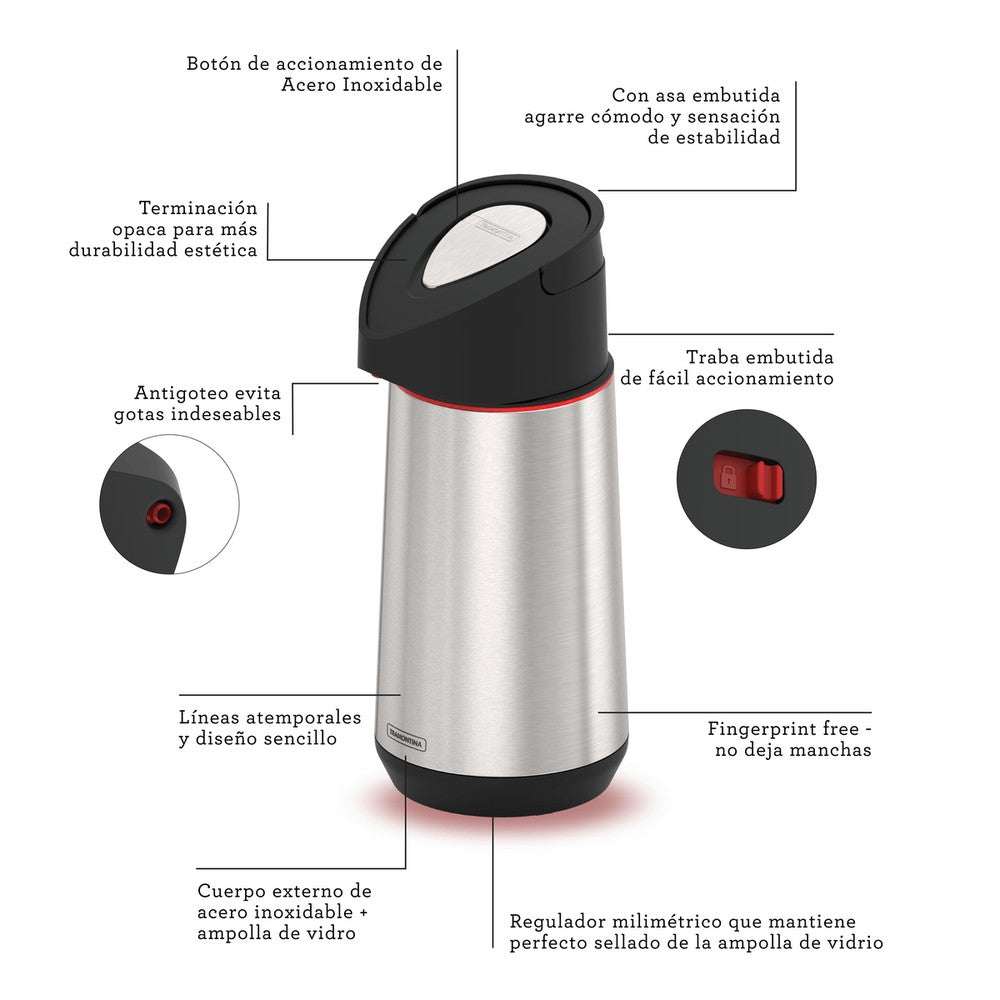 Termo con sifón Tramontina Exata de acero inoxidable con ampolla de vidrio 1,2 L