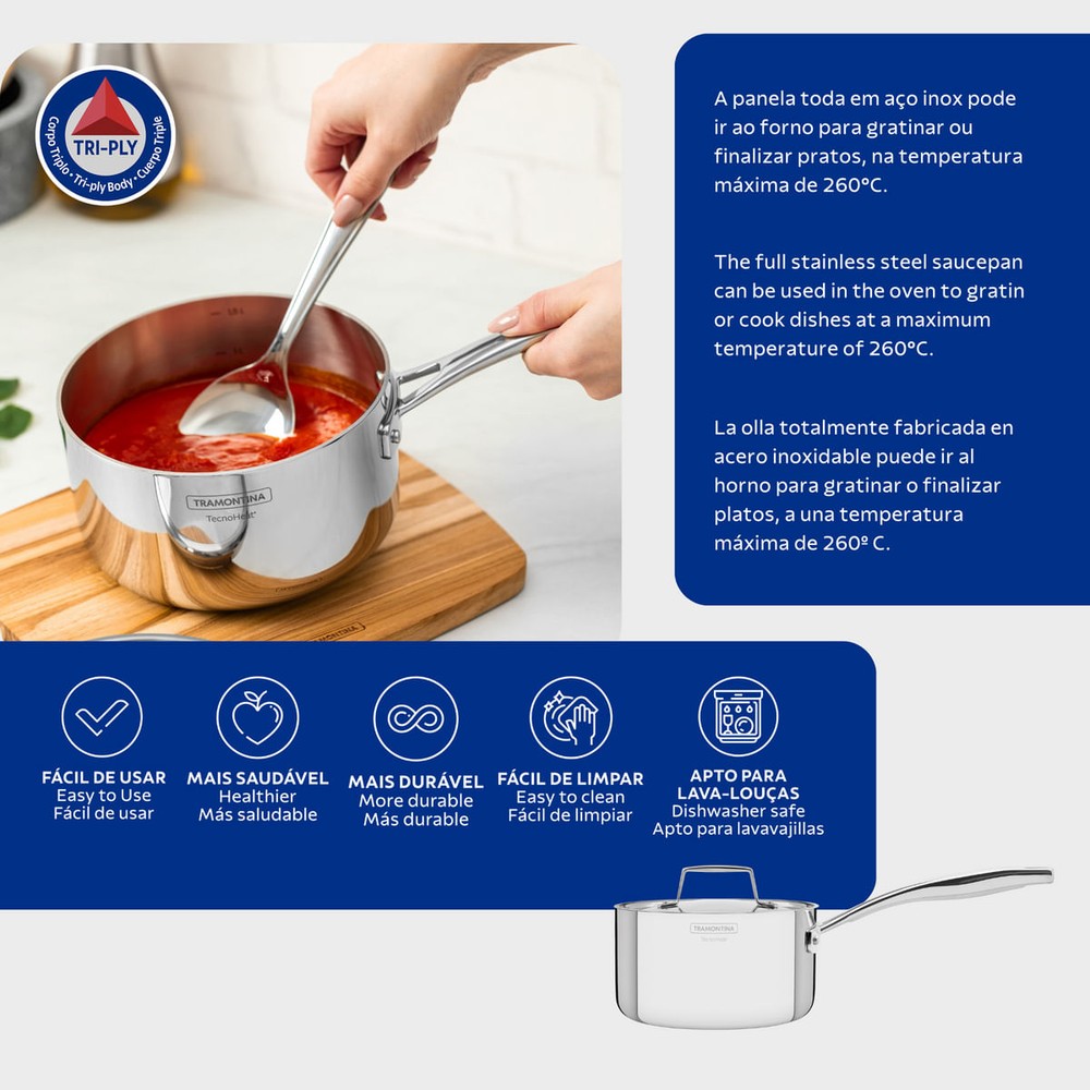 Olla Tramontina Grano de acero inoxidable cuerpo triple con tapa y mango 16 cm 1,7 L