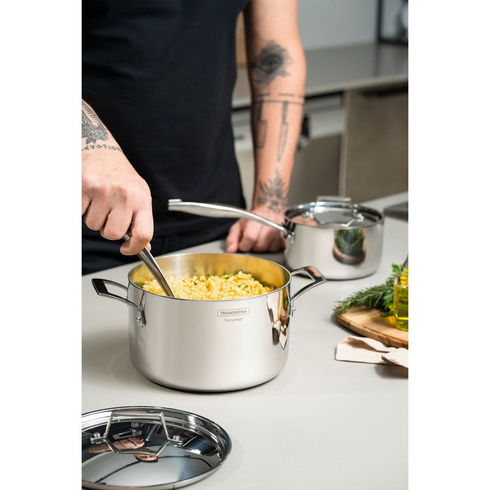 Cacerola Tramontina Grano honda de acero inoxidable cuerpo triple con tapa y asas 20 cm 3,8 L
