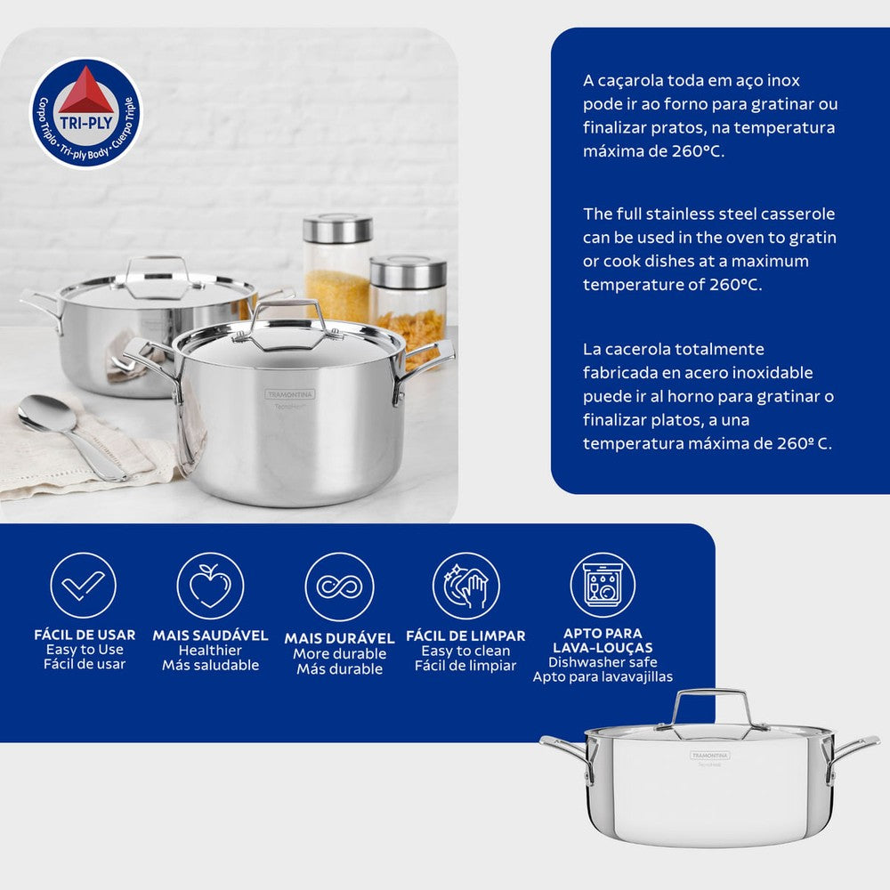 Cacerola Tramontina Grano honda de acero inoxidable cuerpo triple con tapa y asas 20 cm 3,8 L