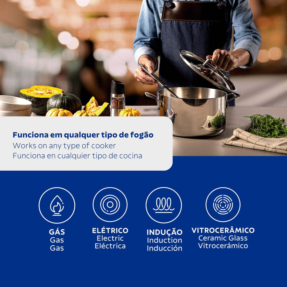 Cacerola Tramontina Grano honda de acero inoxidable cuerpo triple con tapa y asas 20 cm 3,8 L