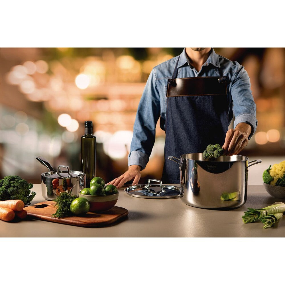 Olla Alta Tramontina Grano de acero inoxidable cuerpo triple con tapa y asas 24 cm 7,7 L