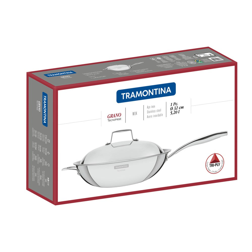 Wok Tramontina Grano de acero inoxidable cuerpo triple con tapa mango 32 cm 5,2 L