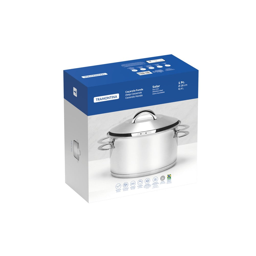 Cacerola Tramontina Solar honda de acero inoxidable fondo triple con tapa y asas 28 cm 8,4 L