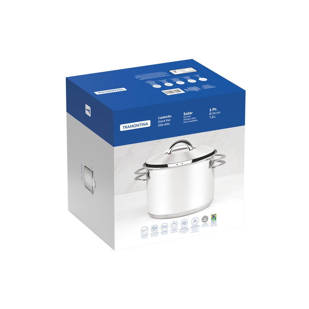 Olla alta Tramontina Solar de acero inoxidable fondo triple con tapa y asas 24 cm 7,8 L
