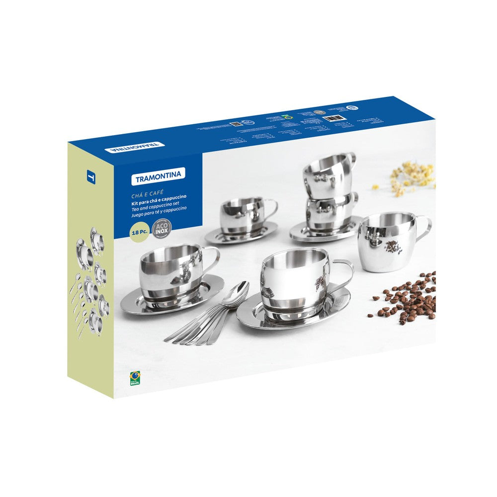 Juego para té y cappuccino Tramontina de acero inoxidable terminación brillante con tazas, platos y cucharas 18 piezas
