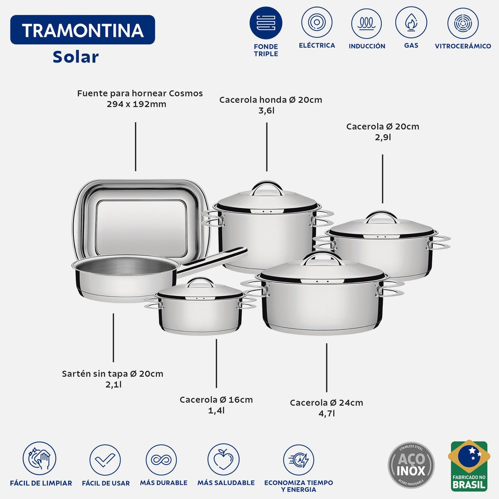 Batería de Cocina en Acero inoxidable Triple Fondo 6 piezas Tramontina Solar