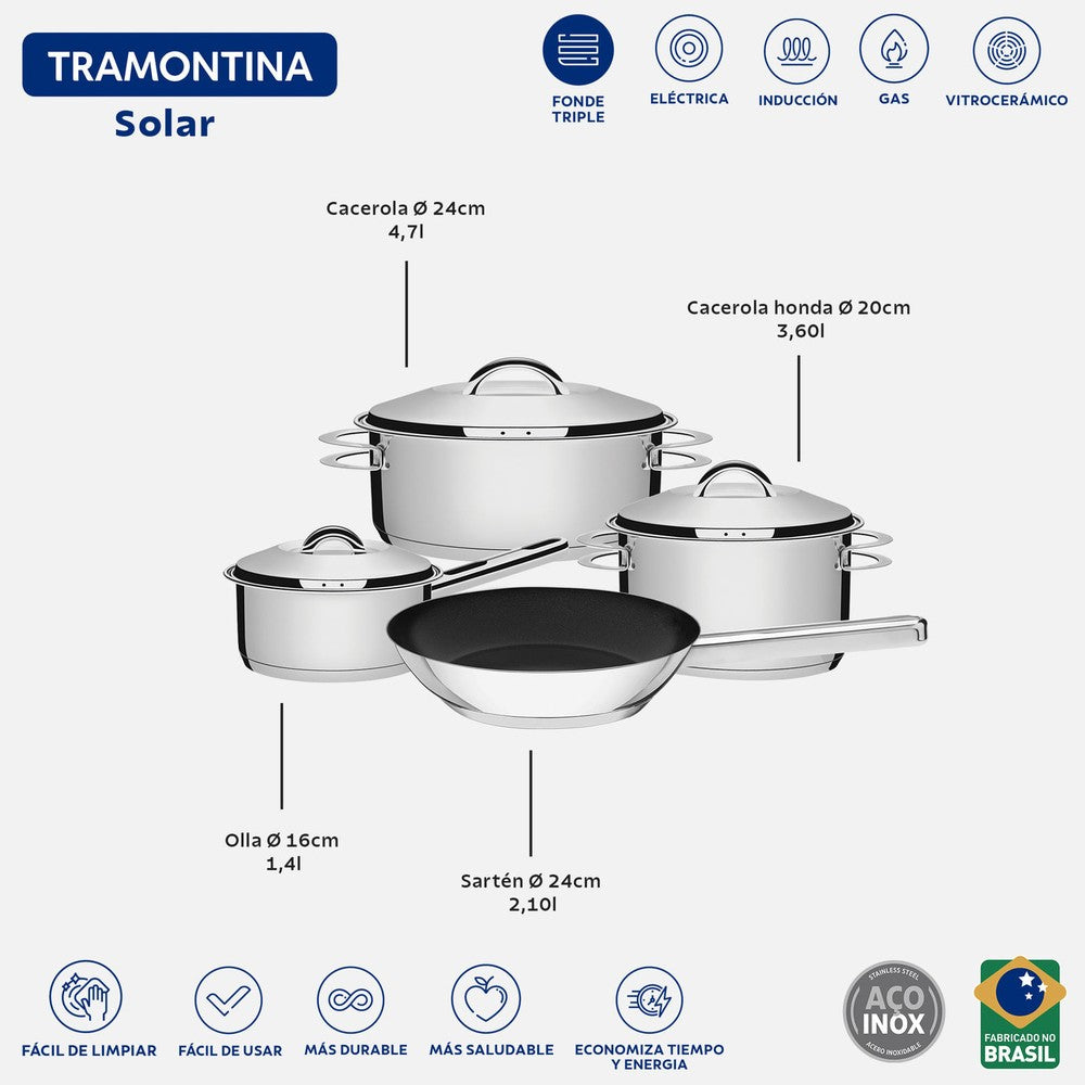Batería de Cocina en Acero (18/10) 4 Piezas Tramontina Solar