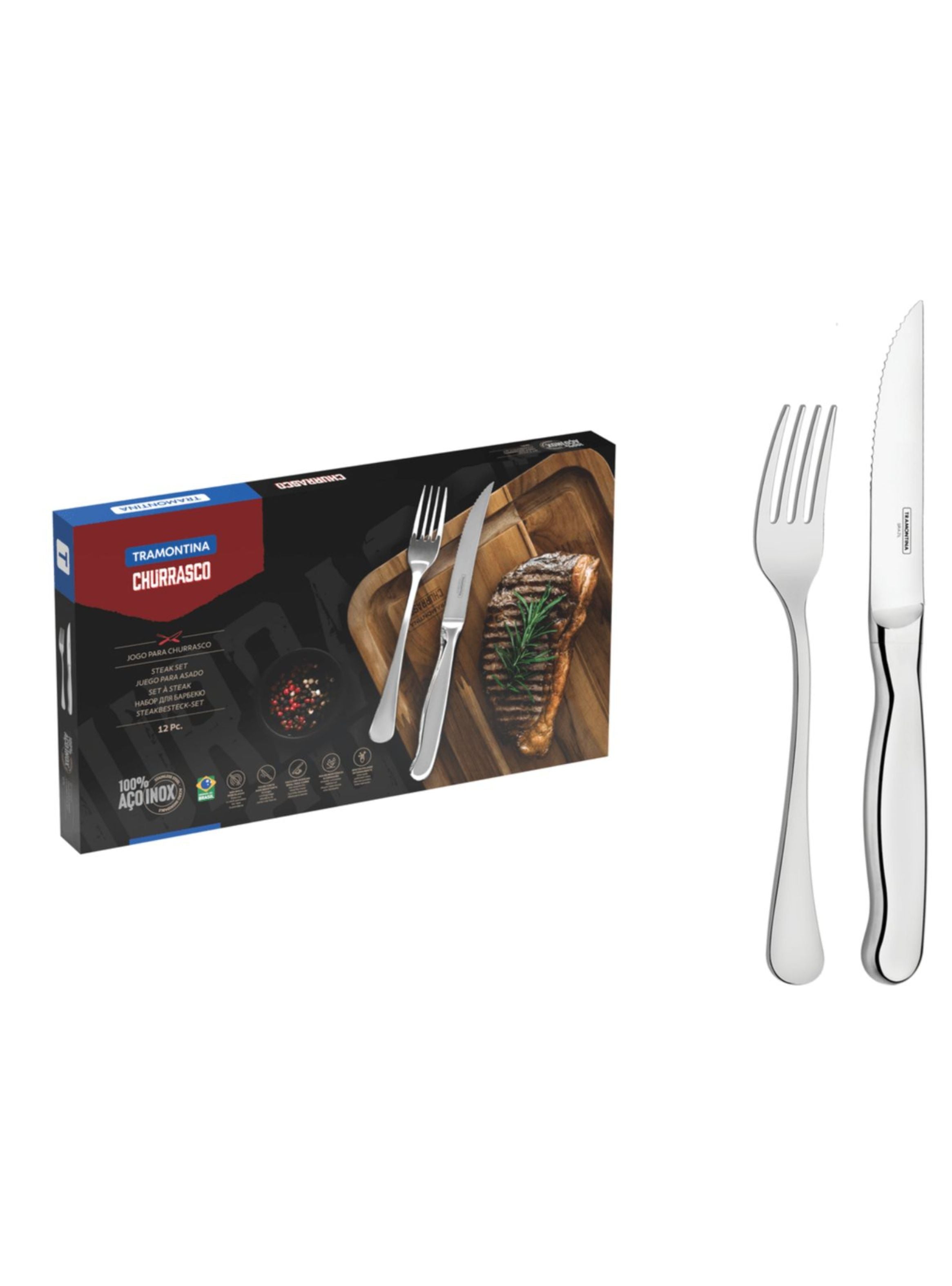 Juego de cubiertos para asado Tramontina Zurique de 12 piezas de acero inoxidable cuchillos jumbo filo dentado y terminación en alto brillo