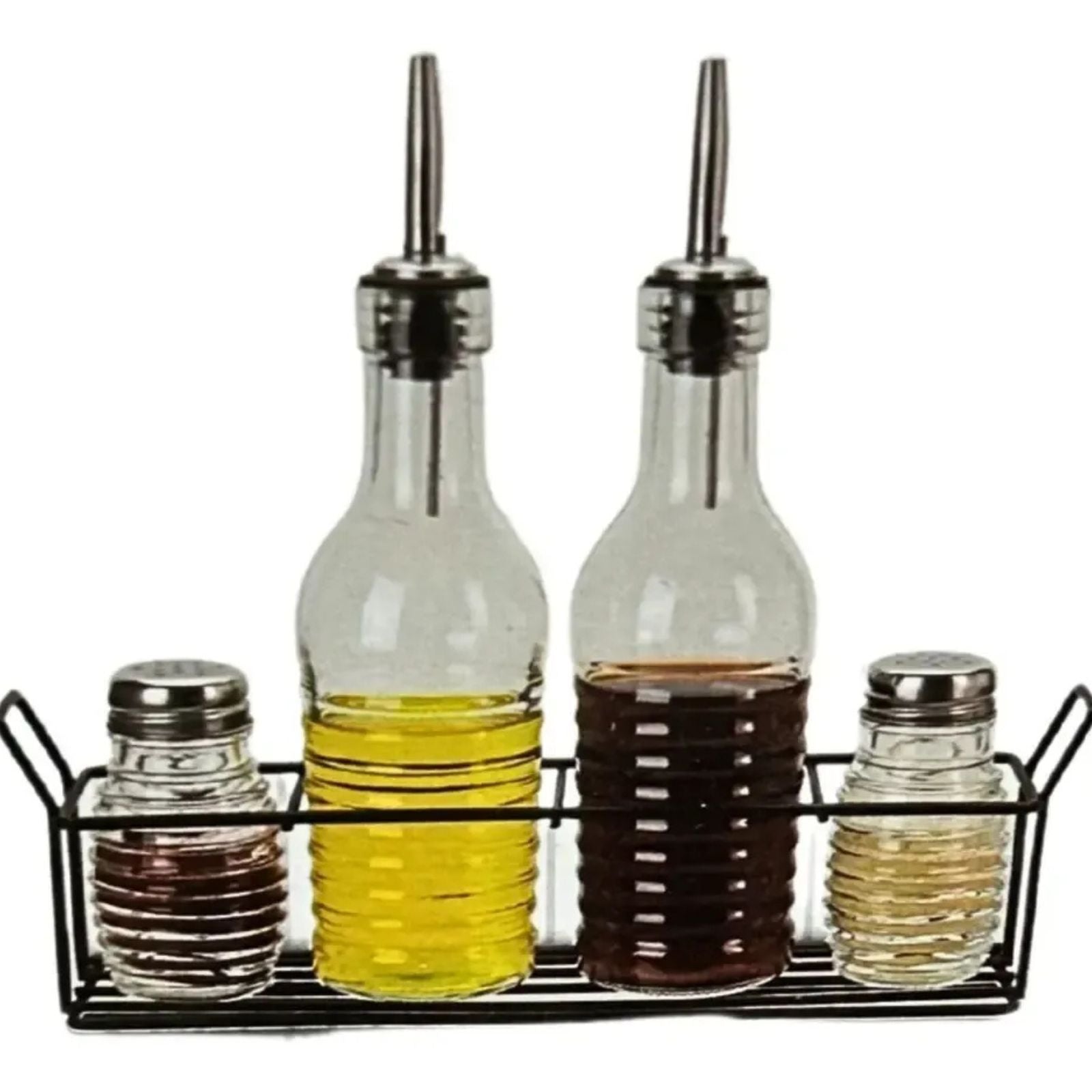 Alcuza Set de 4 botellas Aceite y Vinagre 250cc + 2 Especieros