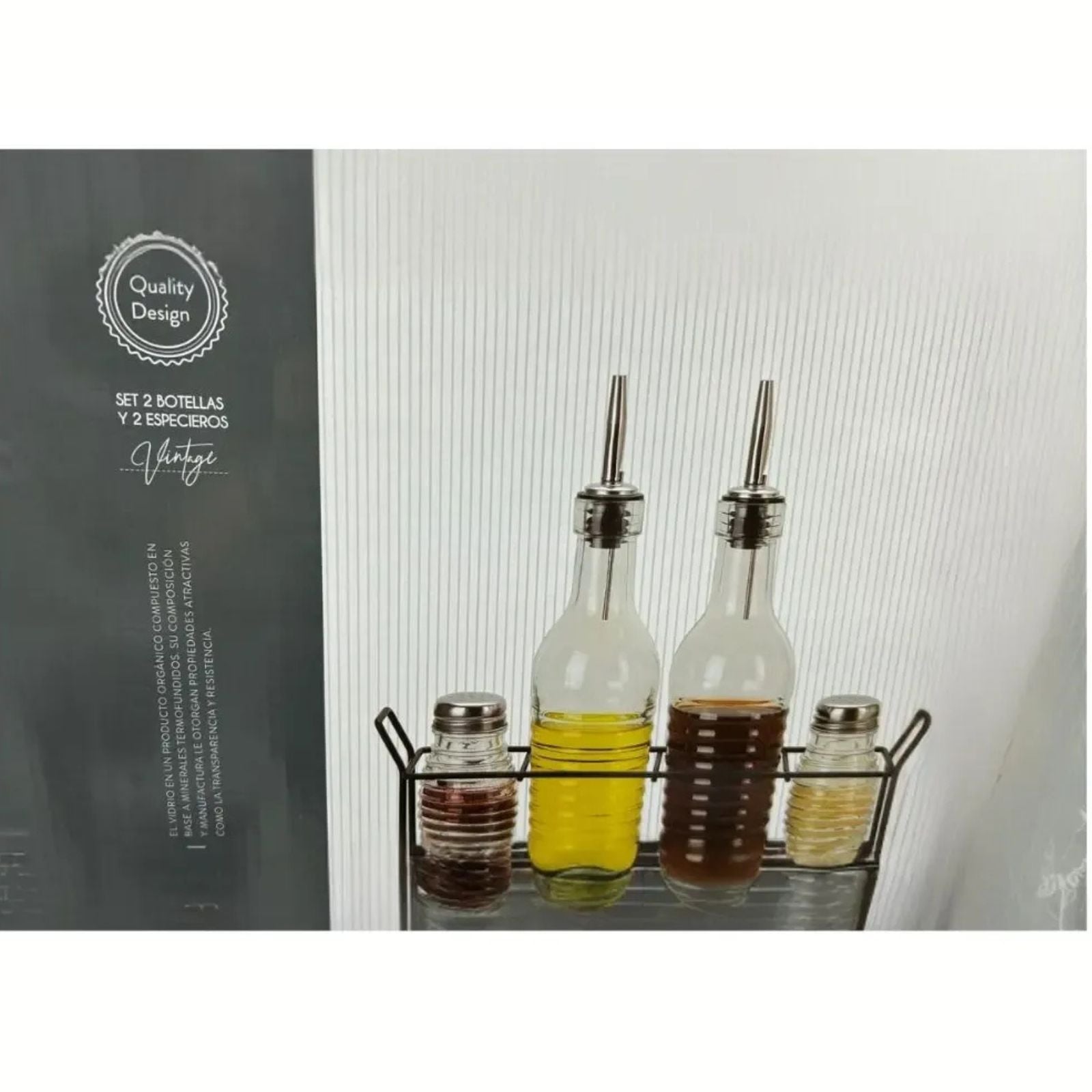 Alcuza Set de 4 botellas Aceite y Vinagre 250cc + 2 Especieros