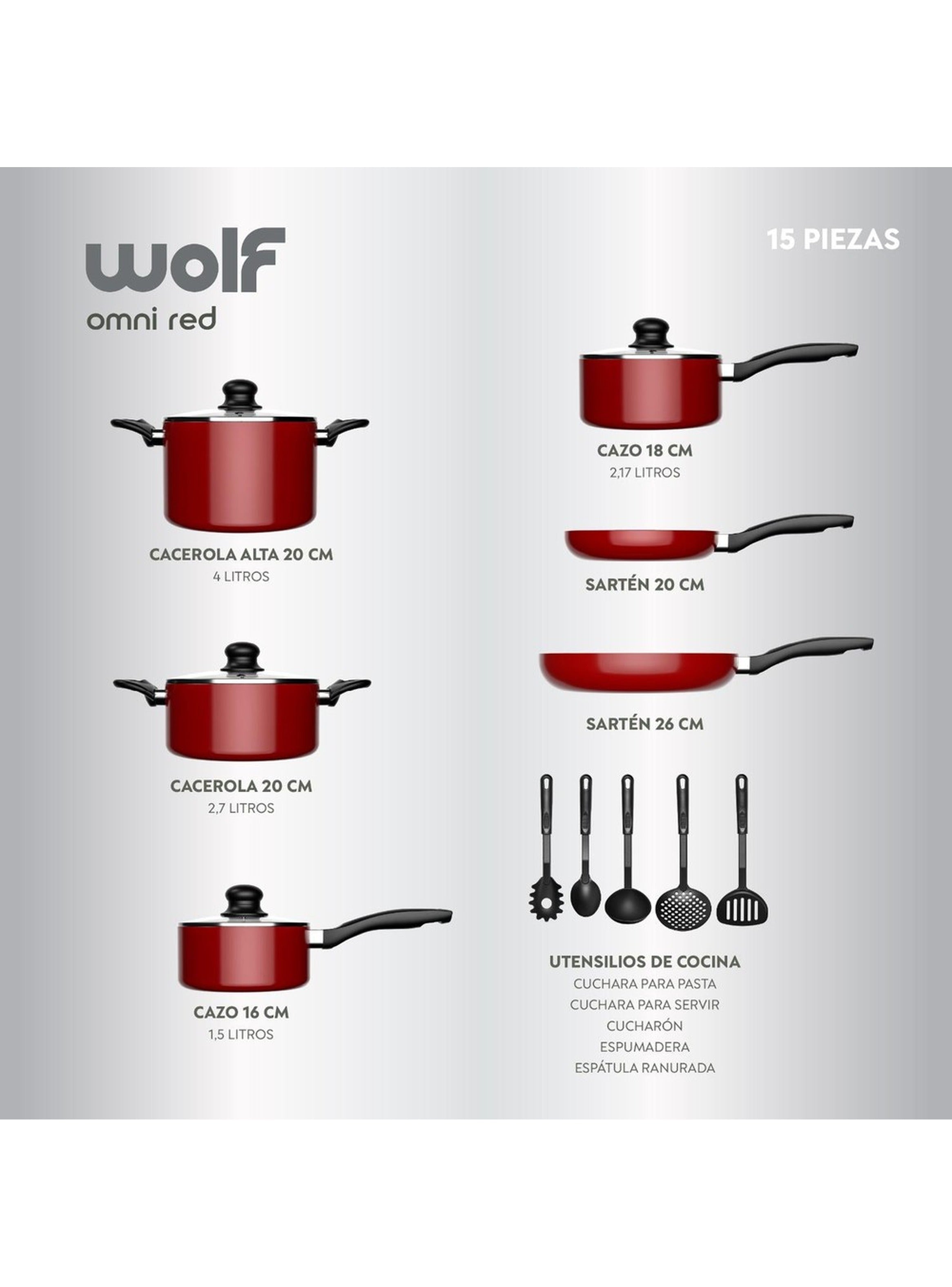 Batería de Cocina 15Pzas Aluminio Antiadherente Rojo Wolf