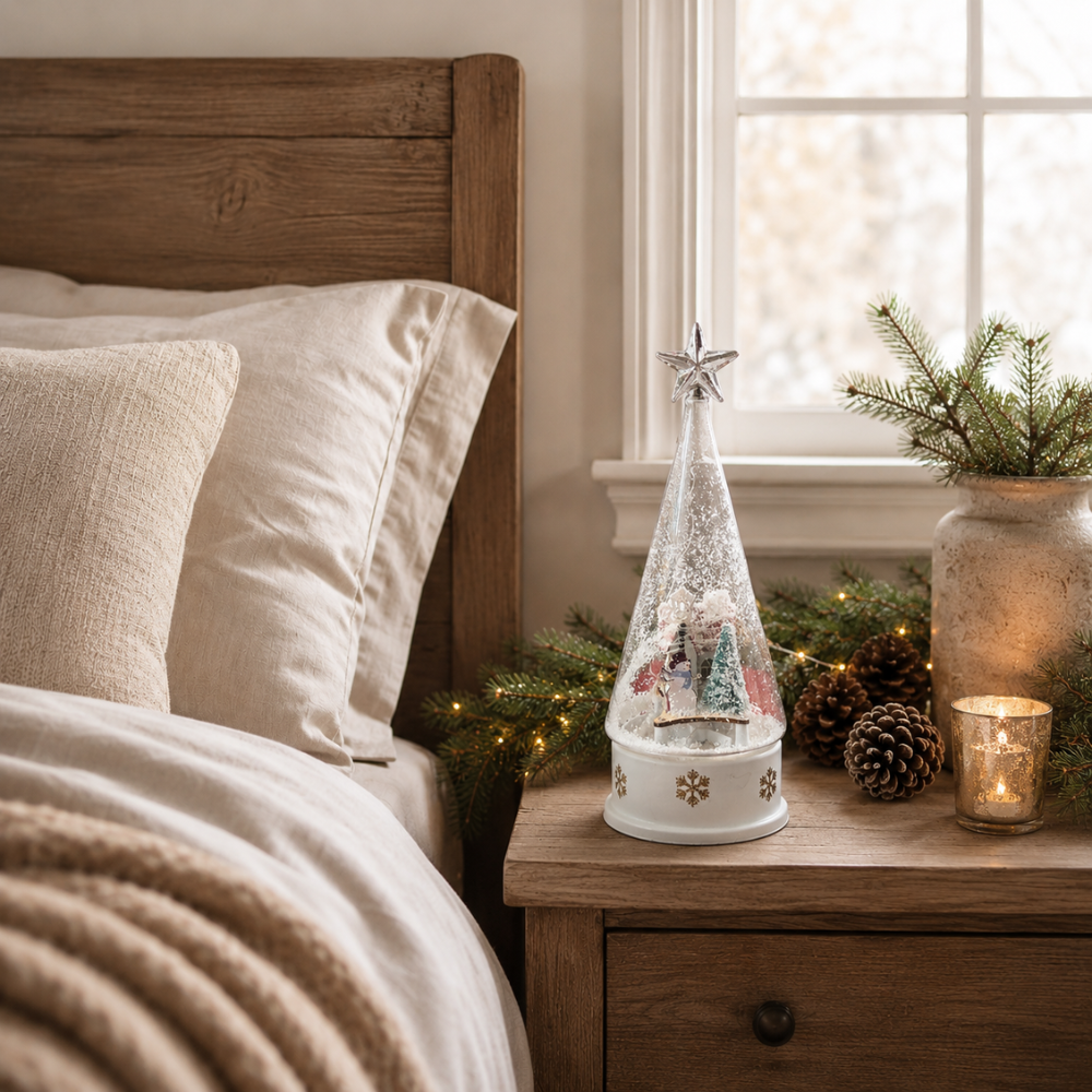 Adorno Navidad Blanco, luminoso, musical con nieve en movimiento de 28 cm