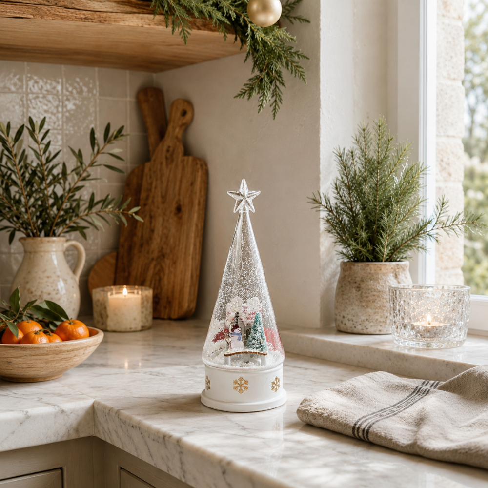 Adorno Navidad Blanco, luminoso, musical con nieve en movimiento de 28 cm