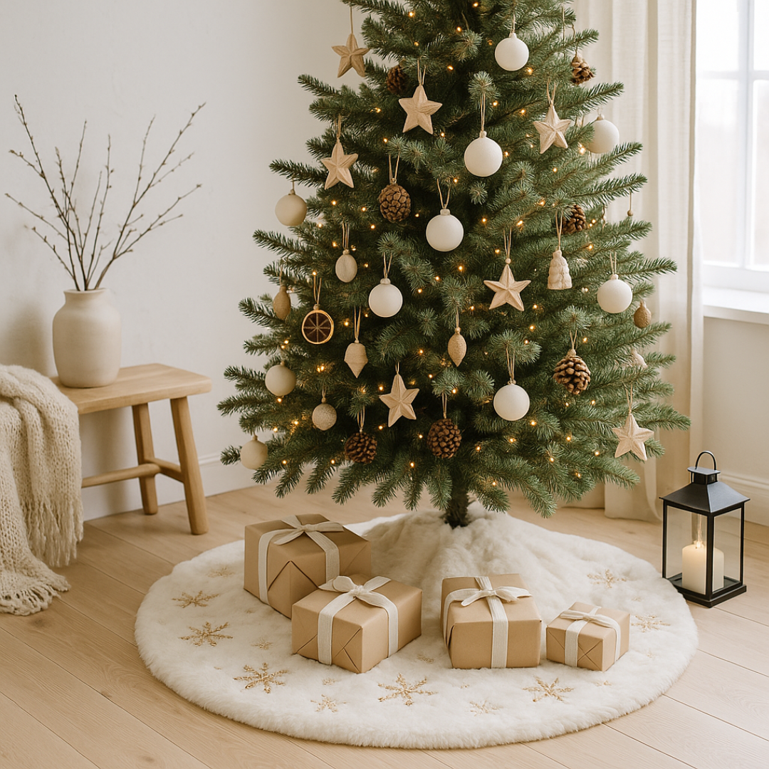 Faldón Arbol Naviidad Blanco Bordado Copo de Lentejuela 115 cm