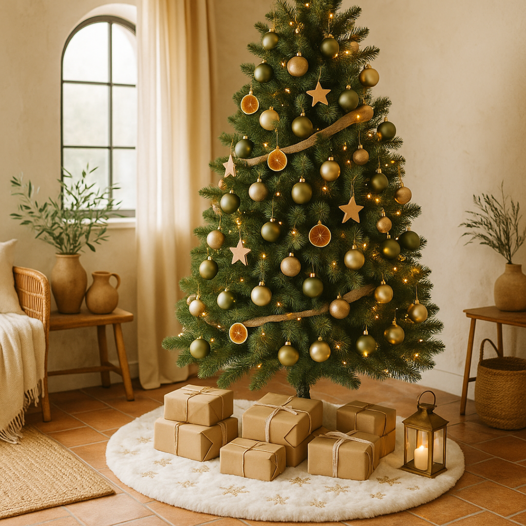 Faldón Arbol Naviidad Blanco Bordado Copo de Lentejuela 115 cm
