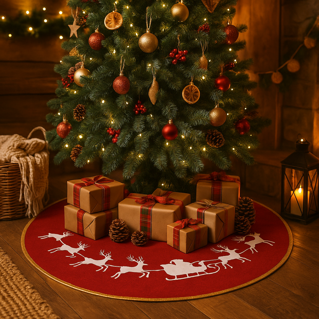 Ambientación lifestyle 1:1 acogedora con un árbol decorado en estilo rústico y accesorios que armonizan con faldón rojo (siluetas blancas de trineo y renos + vivo dorado)