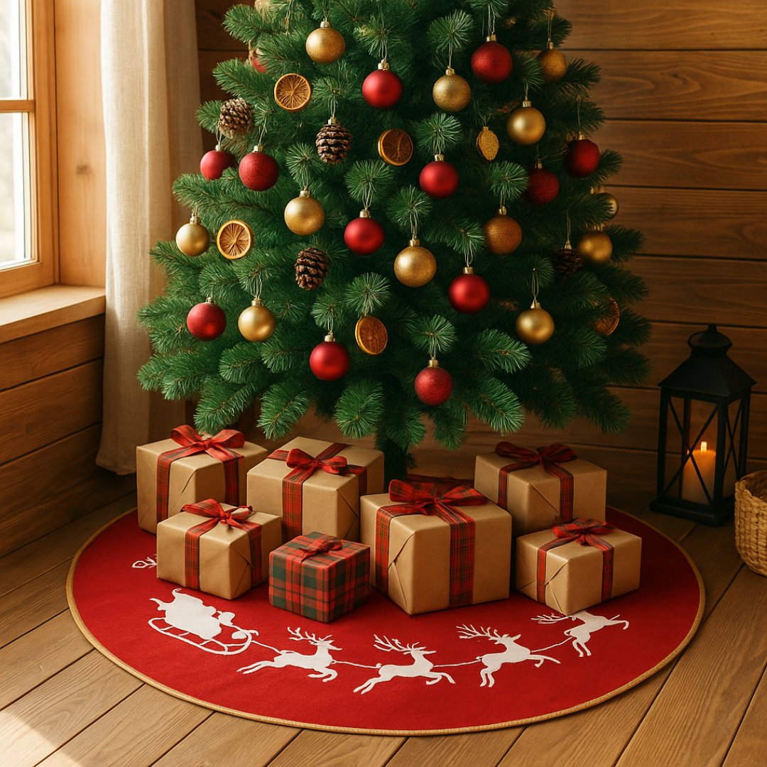 Ambientación lifestyle 1:1 acogedora con un árbol decorado en estilo rústico y accesorios que armonizan con faldón rojo (siluetas blancas de trineo y renos + vivo dorado)