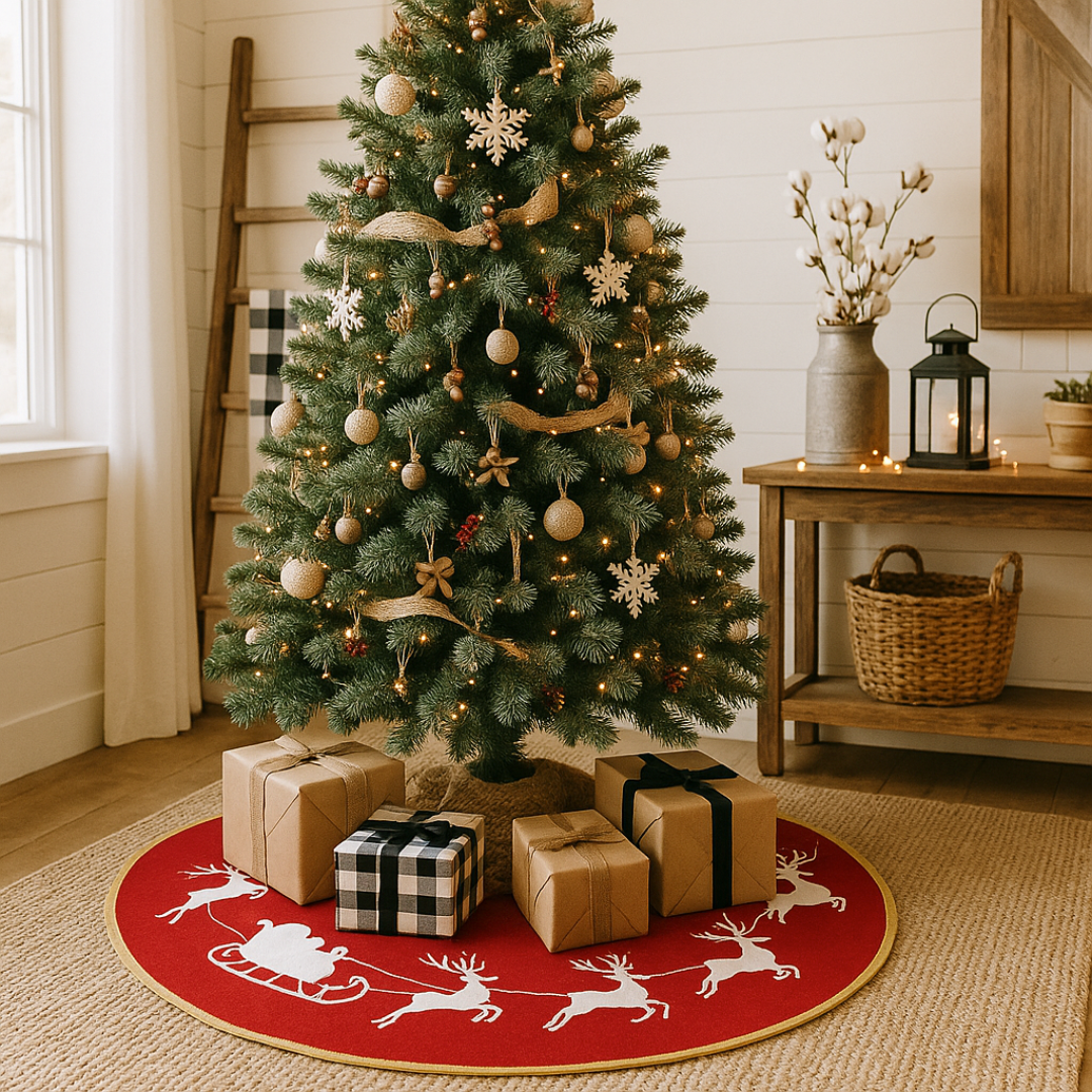 ambientación farmhouse 1:1 con paredes de shiplap blanco, maderas naturales, jarrón galvanizado, cesta de mimbre, manta tejida y regalos en kraft/buffalo plaid. El mismo faldón rojo con ribete dorado y siluetas blancas queda protagonista bajo el árbol.