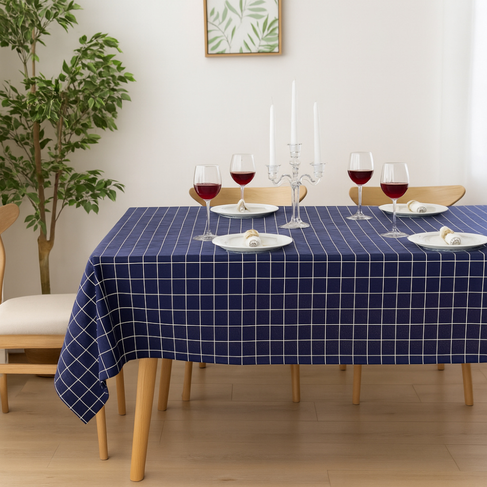 Mantel Rectangular Azul Cuadrilculado Blanco – Estilo Nórdico y Atemporal