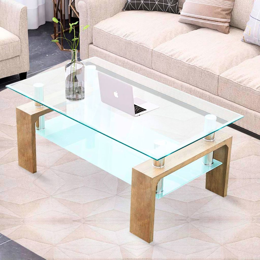 Mesa de centro para living rectangular de vidrio y madera