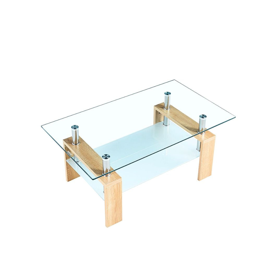 Mesa de centro para living rectangular de vidrio y madera