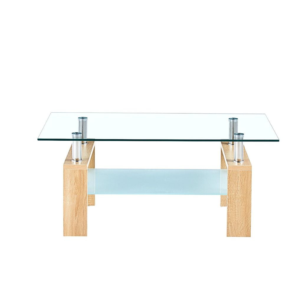 Mesa de centro para living rectangular de vidrio y madera