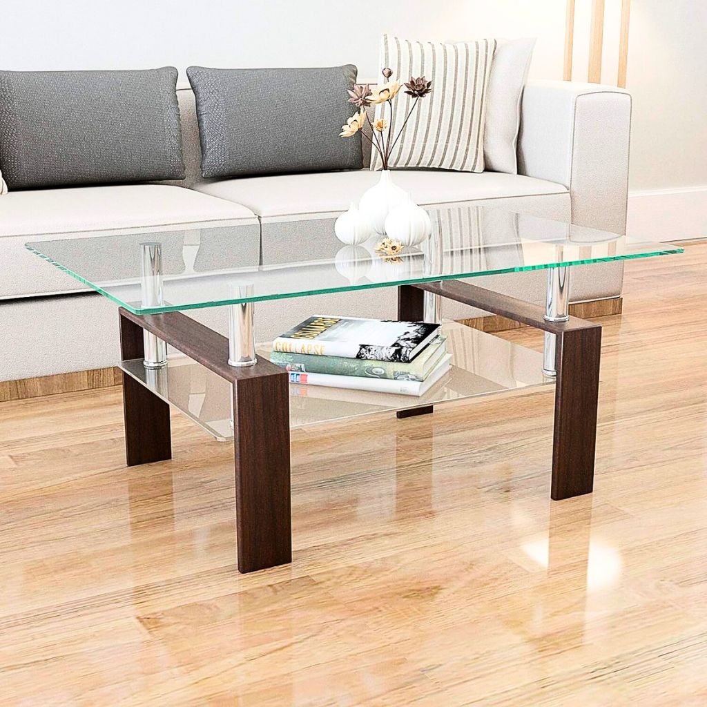 Mesa de Centro Living Rectangular de Vidrio y Madera Oscura
