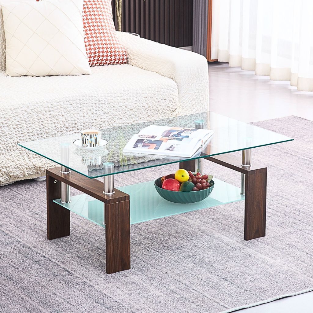 Mesa de Centro Living Rectangular de Vidrio y Madera Oscura