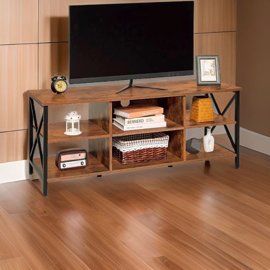 Rack Librero Industrial para TV Madera Cafe y Metal Estilo Moderno y Funcional