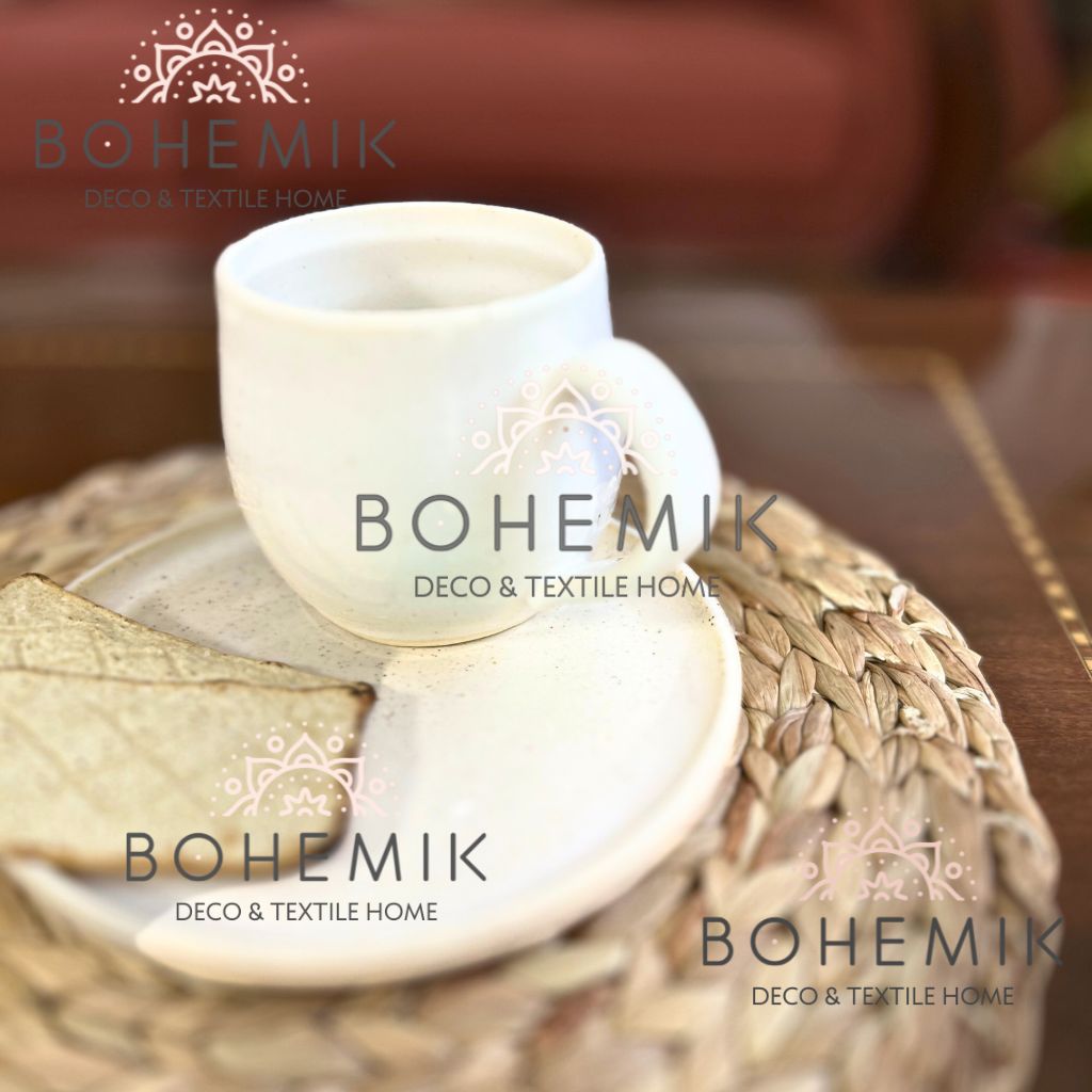 Set 2 Mug y 1 Plato en Cerámica Gres color crema