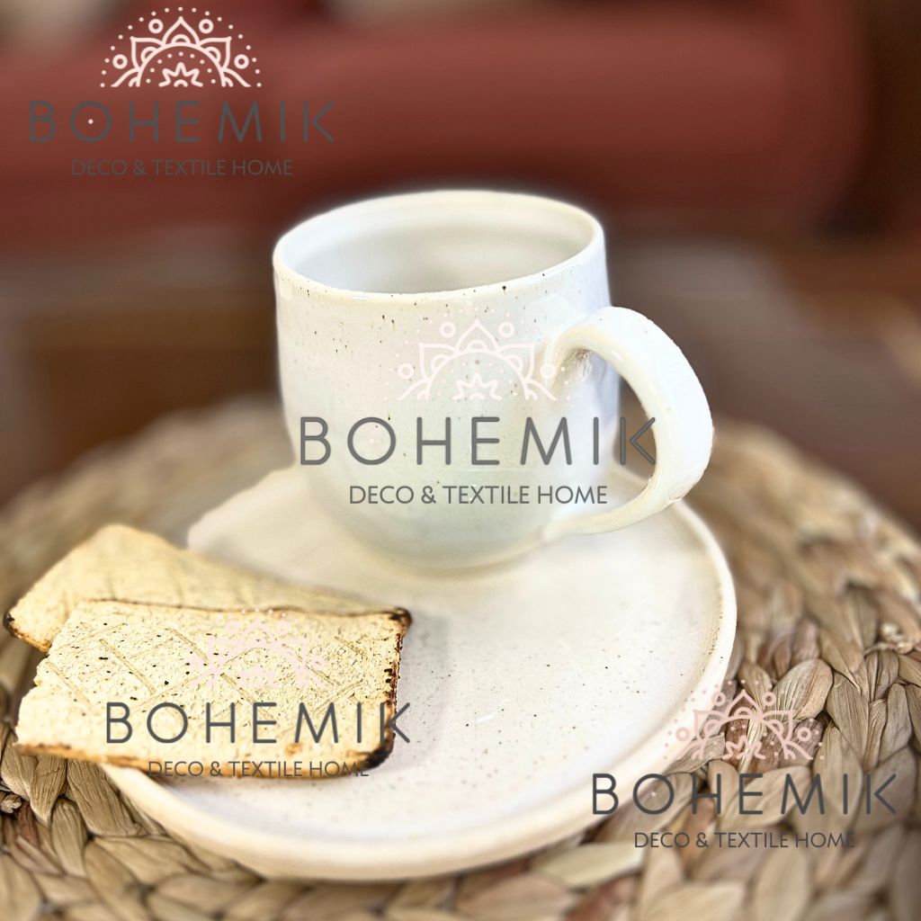 Set 2 Mug y 1 Plato en Cerámica Gres color crema